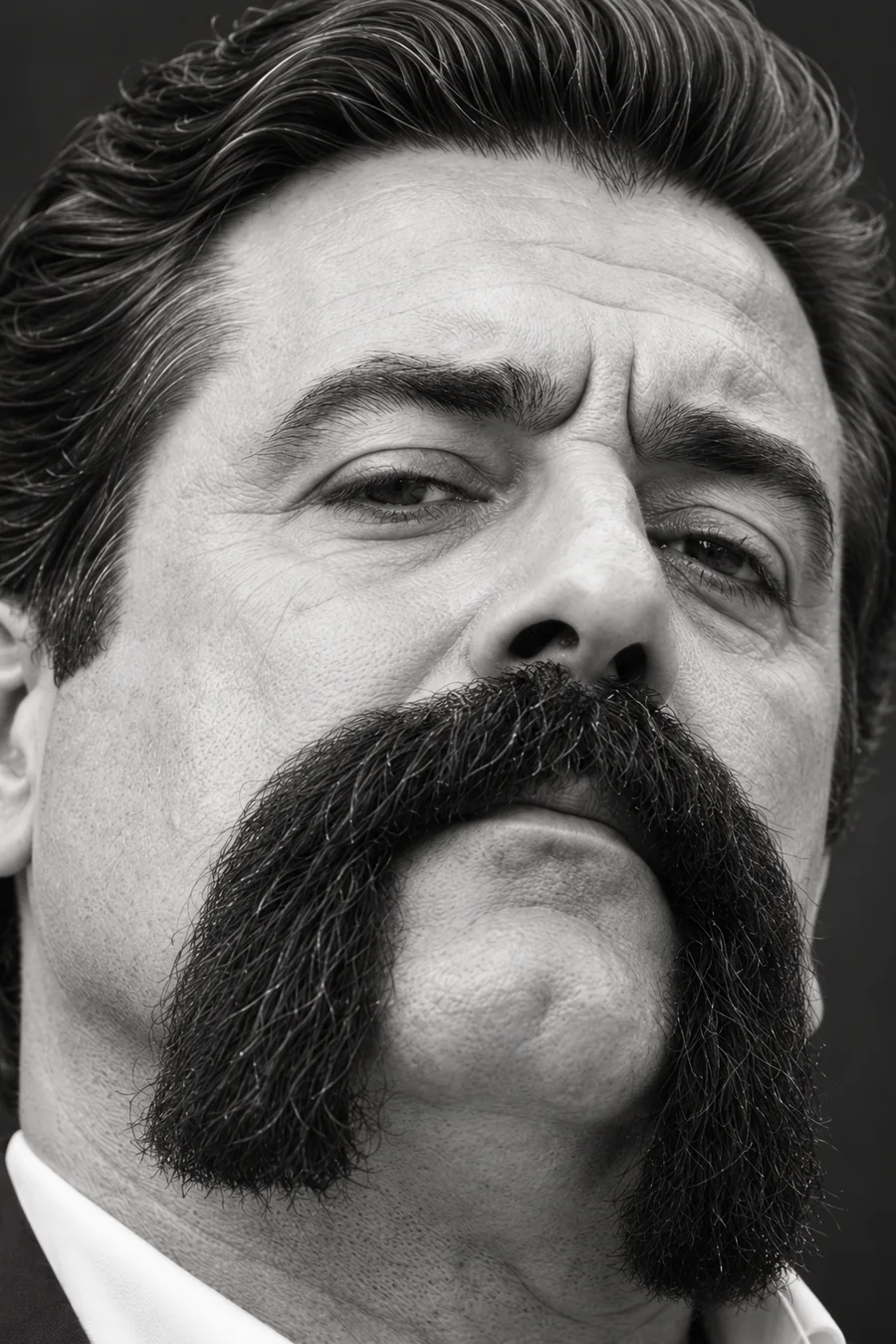 An extremely serious close-up of LOAFO and his enormous moustache.